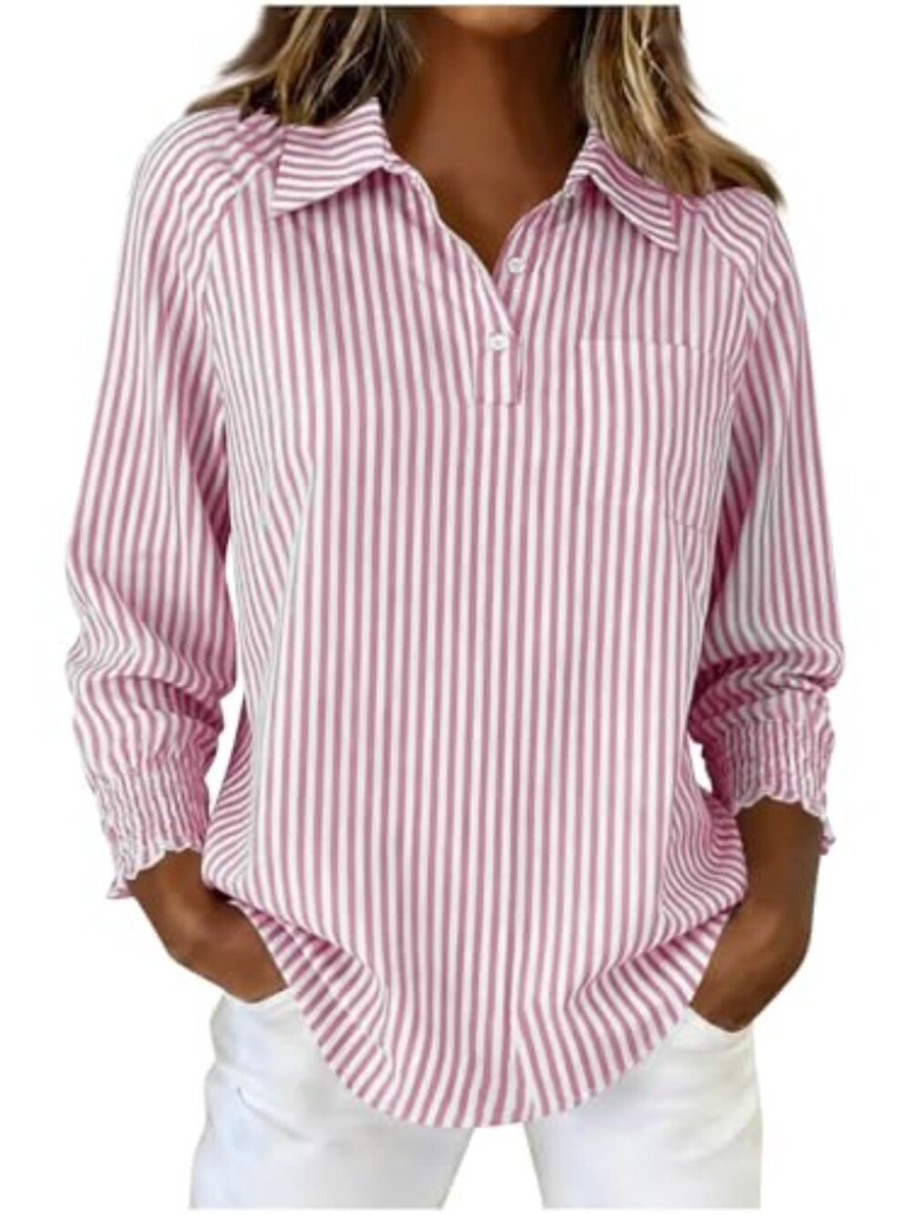 🆕 Button Down Shirts for Women Oversized Striped Long Sleeve Collared V Neck